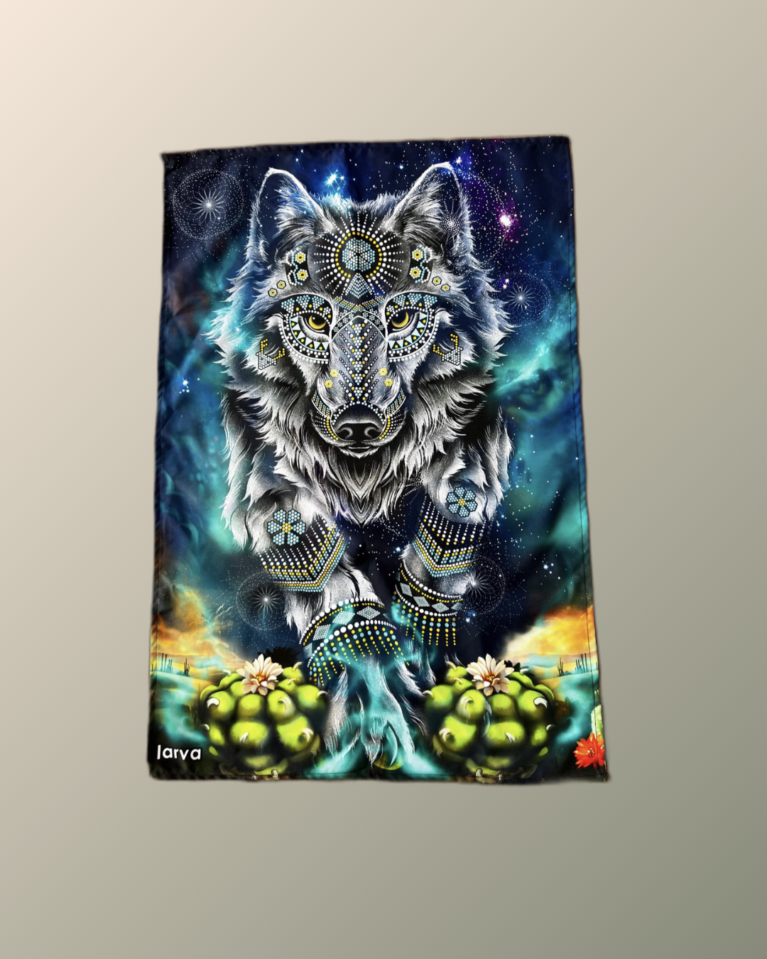 Psychedelic Huichol Inspired Chaquira-Embellished Wolf Peyote Tapestry | Shaman | Spiritual Guide | Spirit AnimalUV Reactive Screen print | Visionary Art Wall Hanging Decor
