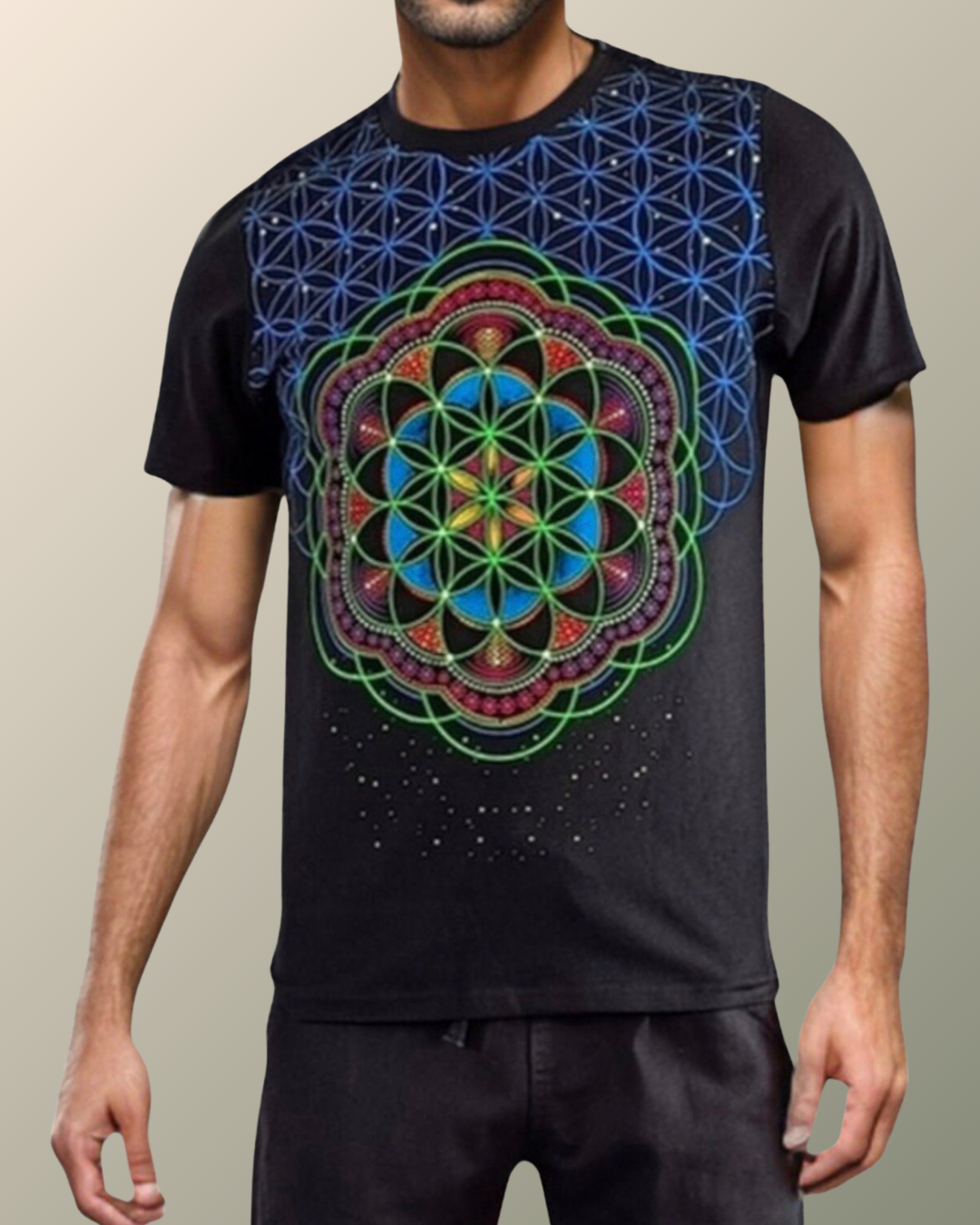 Psychedelic Flower of Life Inspired T-shirt | Sacred Geometry | Mandala | UV Reactive Screen print | Rave Festival Wear