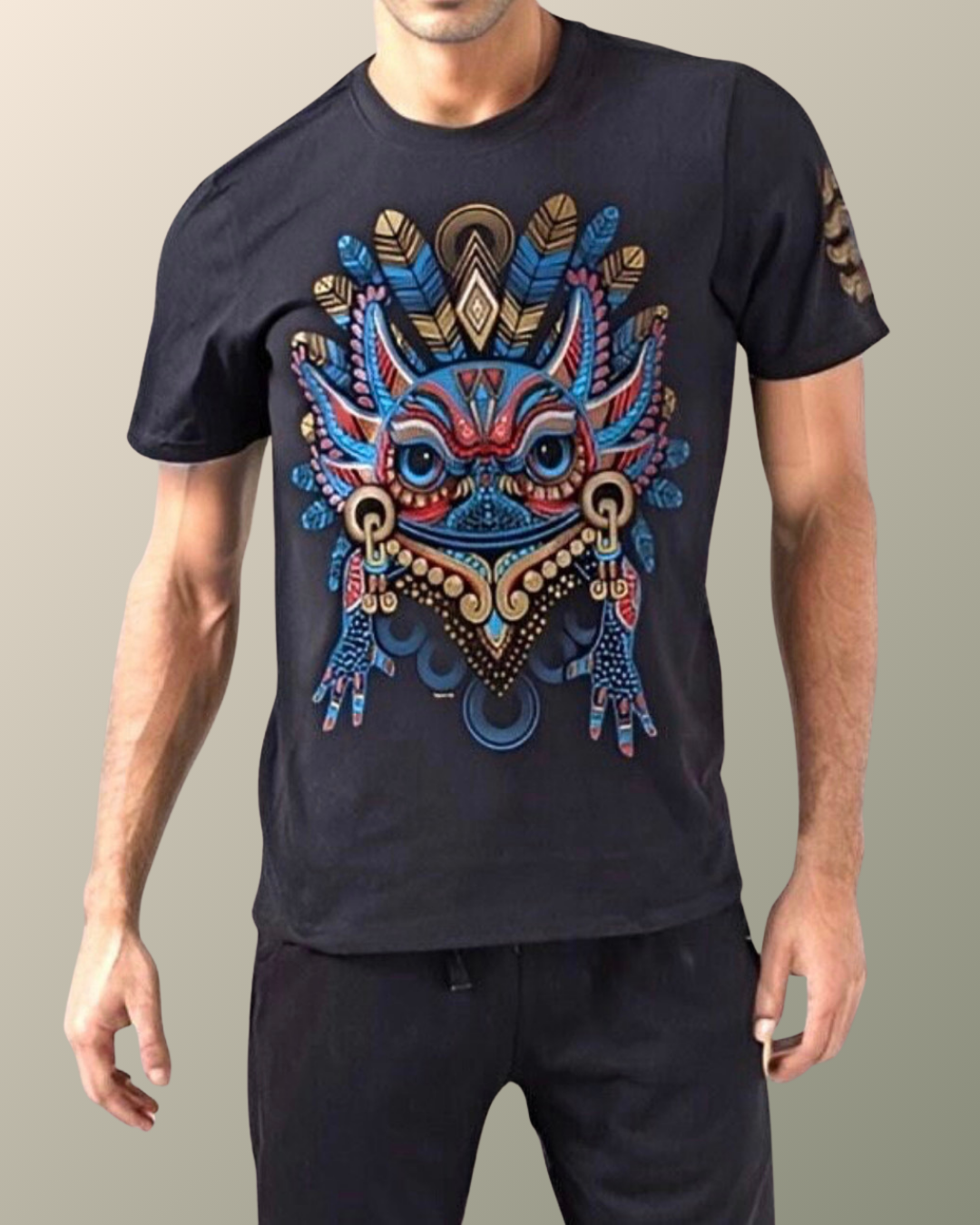 Psychedelic Aztec Warrior Axolotl Inspired T-shirt | Aztec Prehispanic Art | UV Reactive Screen print | Rave Festival Wear