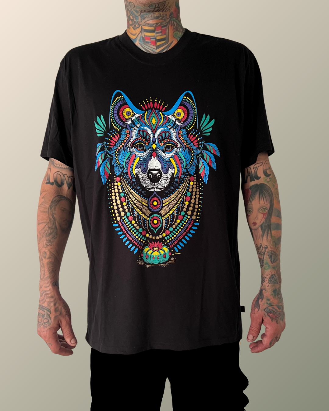 Psychedelic Coyote Peyote Huichol Chaquira Beads Eye of God Inspired T-shirt | UV Reactive Screen print | Rave Festival Wear