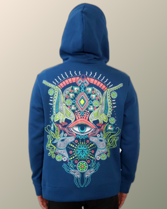 Psychedelic Blue Deer Huichol Nierika Inspired Sweatshirt Hoodie | UV Reactive Screen print | Rave Festival Wear