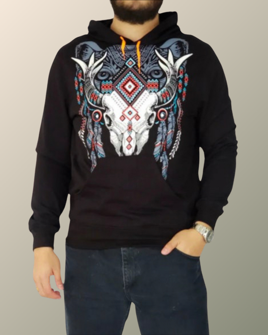 Psychedelic Navajo Decorated Cow Skull Cougar Sweatshirt Hoodie | UV Reactive Screen print | Rave Festival Wear