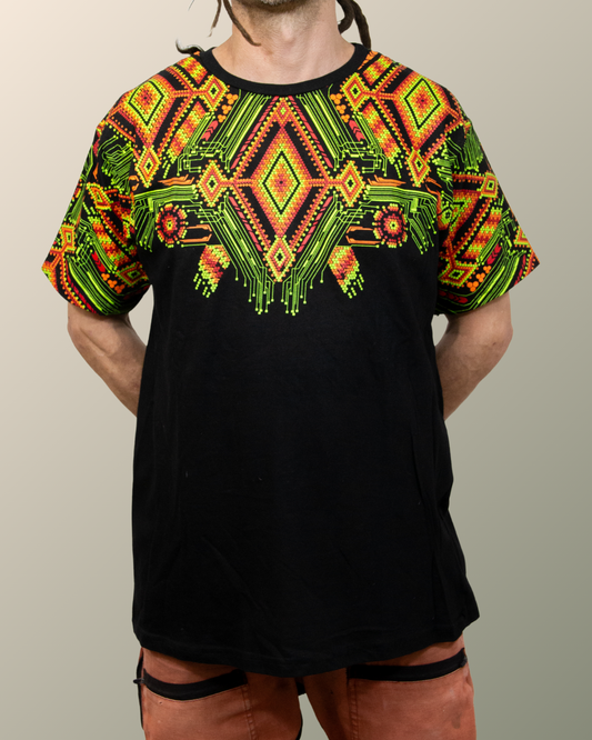 Psychedelic Chaquira Bead Eye of God Huichol Pattern Inspired T-shirt | UV Reactive Screen print | Rave Festival Wear