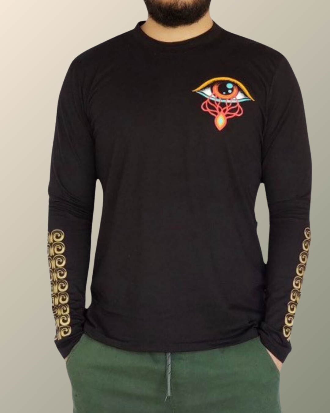 Psychedelic Atlantean Guardian Prehispanic Inspired Long Sleeve T-shirt | UV Reactive Screen print | Rave Festival Wear
