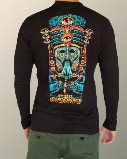 Psychedelic Atlantean Guardian Prehispanic Inspired Long Sleeve T-shirt | UV Reactive Screen print | Rave Festival Wear