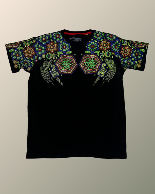 Psychedelic Chaquira Bead Peyote Huichol Pattern Inspired T-shirt | UV Reactive Screen print | Rave Festival Wear