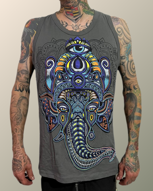 Psychedelic Ganesh Diwali Inspired Sleeveless T-shirt | UV Reactive Screen print | Rave Festival Wear