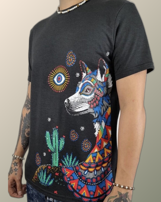 Psychedelic Desert Huichol Pattern Coyote and Sun Eye Inspired T-shirt | UV Reactive Screen print | Rave Festival Wear