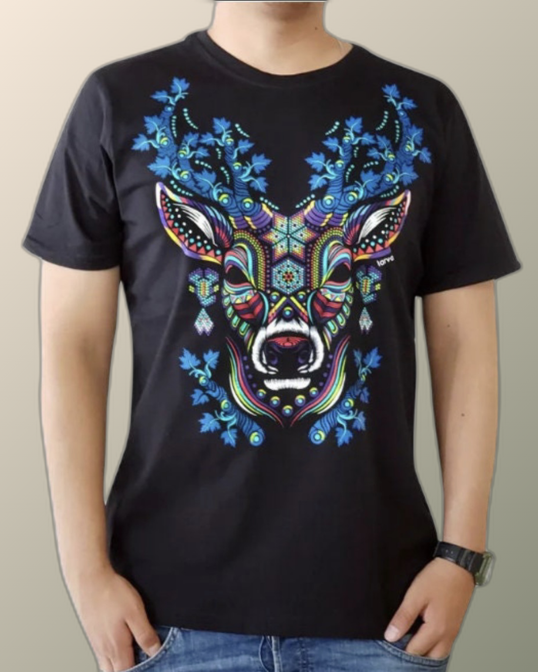 Psychedelic Huichol Blue Deer Inspired T-shirt | UV Reactive Screen print | Rave Festival Wear