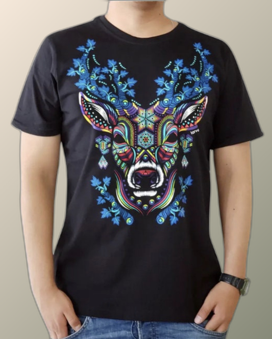 Psychedelic Huichol Blue Deer Inspired T-shirt | UV Reactive Screen print | Rave Festival Wear