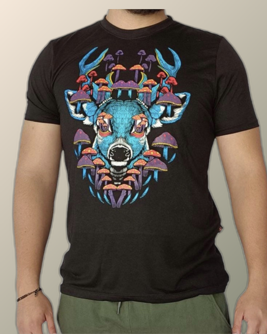 Psychedelic Blue Deer and Magic Mushroom Inspired T-shirt | UV Reactive Screen print | Rave Festival Wear