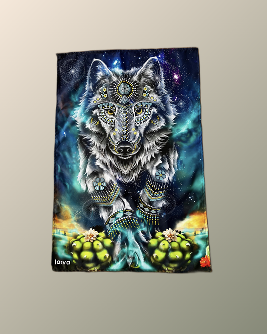 Psychedelic Huichol Inspired Chaquira-Embellished Wolf Peyote Tapestry | Shaman | Spiritual Guide | Spirit AnimalUV Reactive Screen print | Visionary Art Wall Hanging Decor