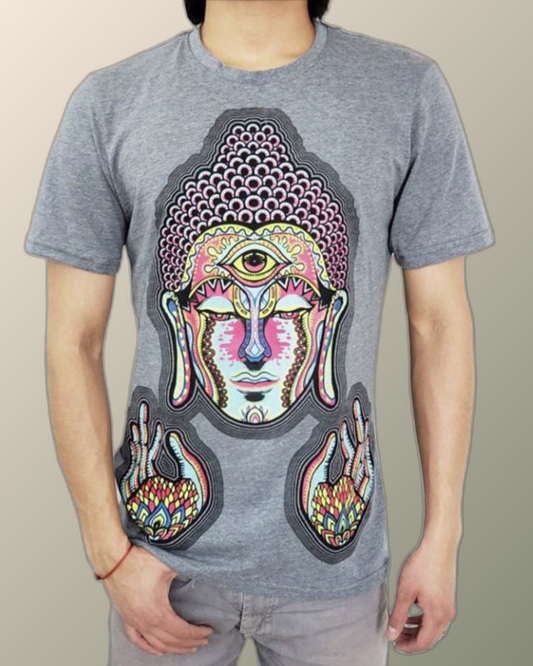 Psychedelic Buddha Hands  and Third Eye Inspired T-shirt | UV Reactive Screen print | Rave Festival Wear
