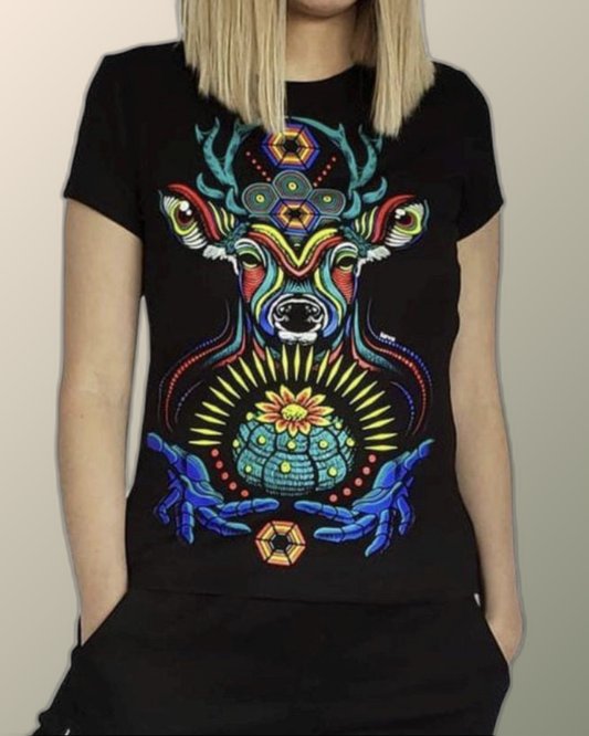 Psychedelic Huichol Blue Deer and Peyote Inspired T-shirt | UV Reactive Screen print | Rave Festival Wear