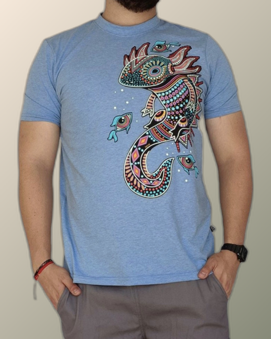 Psychedelic Chaquira Swimming Huichol Axolotl Inspired T-shirt | UV Reactive Screen print | Rave Festival Wear