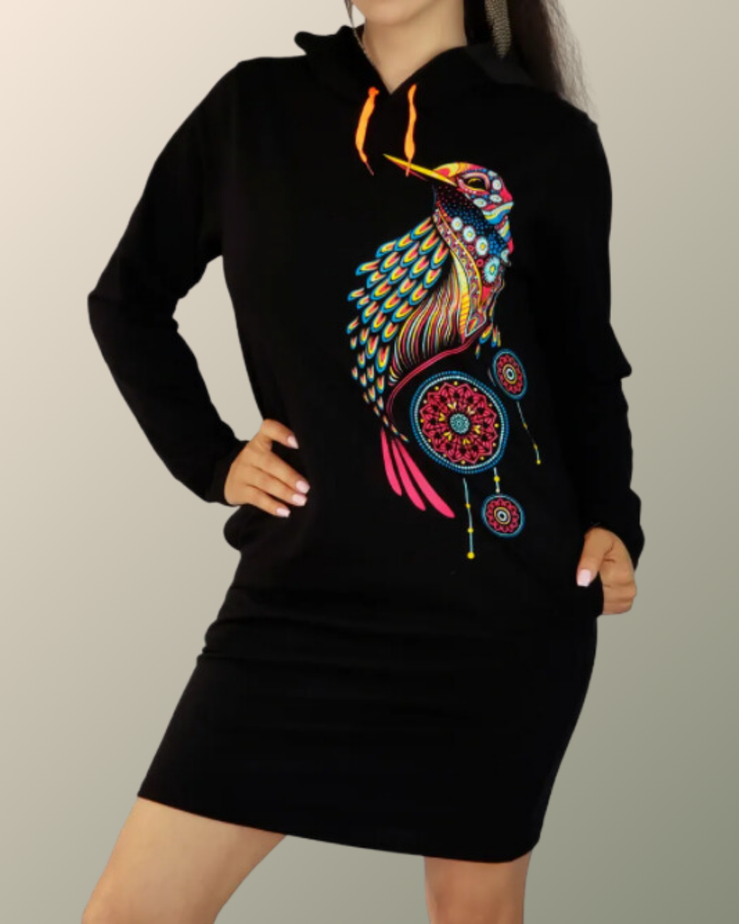Psychedelic Hummingbird Dream Catcher Mandala Sweatshirt Dress | UV Reactive Screen print | Rave Festival Wear