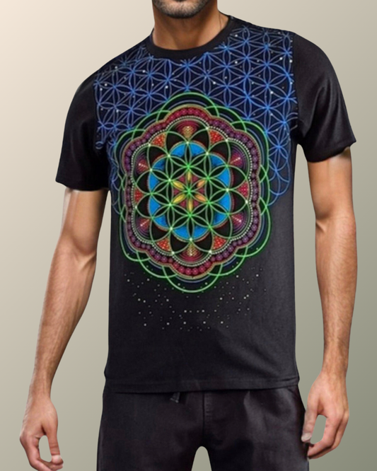 Psychedelic Flower of Life Inspired T-shirt | Sacred Geometry | Mandala | UV Reactive Screen print | Rave Festival Wear