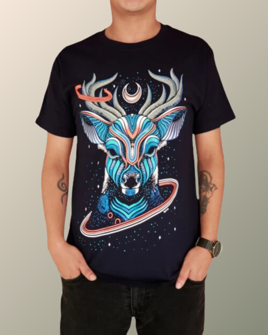 Psychedelic Galactic Blue Deer Inspired T-shirt | UV Reactive Screen print | Rave Festival Wear