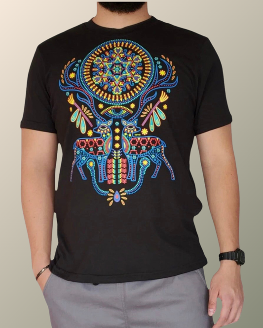 Psychedelic Huichol Blue Deer and Peyote Inspired T-shirt | UV Reactive Screen print | Rave Festival Wear