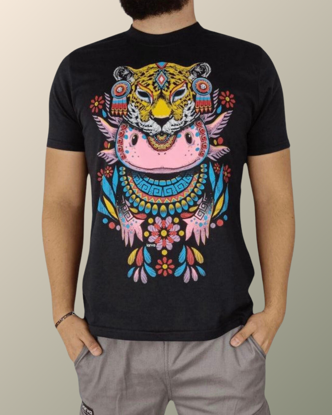 Psychedelic Aztec Jaguar Warrior  Axolotl Inspired T-shirt | UV Reactive Screen print | Rave Festival Wear