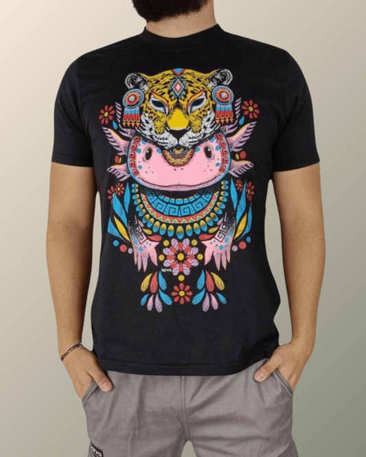 Psychedelic Aztec Jaguar Warrior  Axolotl Inspired T-shirt | UV Reactive Screen print | Rave Festival Wear