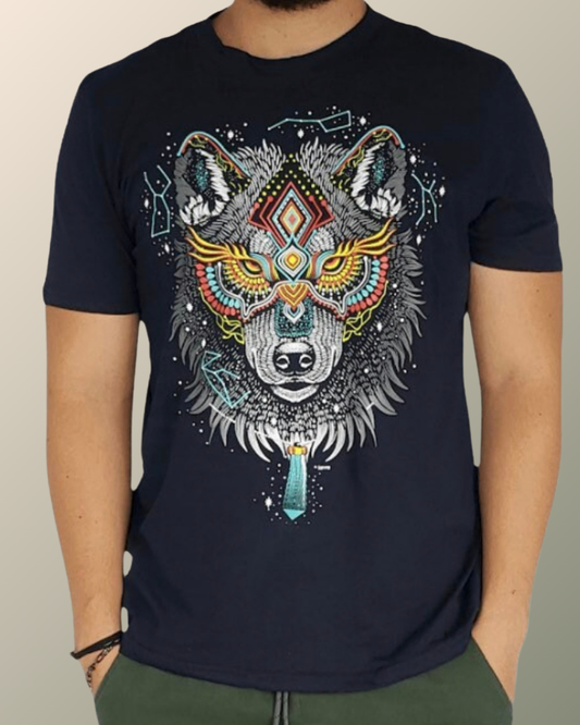 Psychedelic Wolf Bird Eyes  Huichol Eye of God Inspired T-shirt | UV Reactive Screen print | Rave Festival Wear