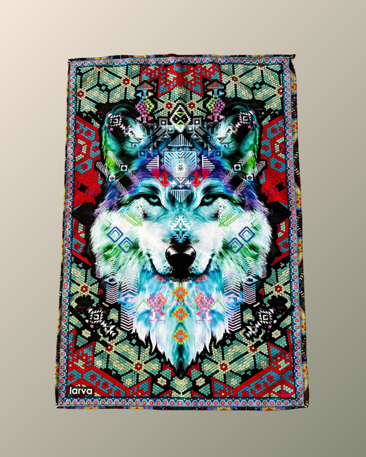 Psychedelic Wolf Peyote and Huichol Patterns Inspired Tapestry | Sublimation print | Spirit Animal | Shaman Marakame |Visionary Art Wall Hanging Decor