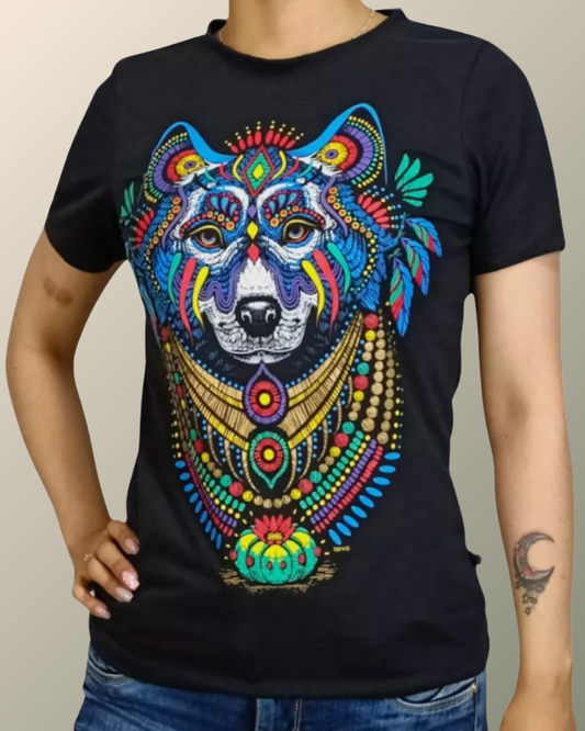 Psychedelic Huichol Coyote Inspired Womens T-shirt | UV Reactive Screen print | Rave Festival Wear