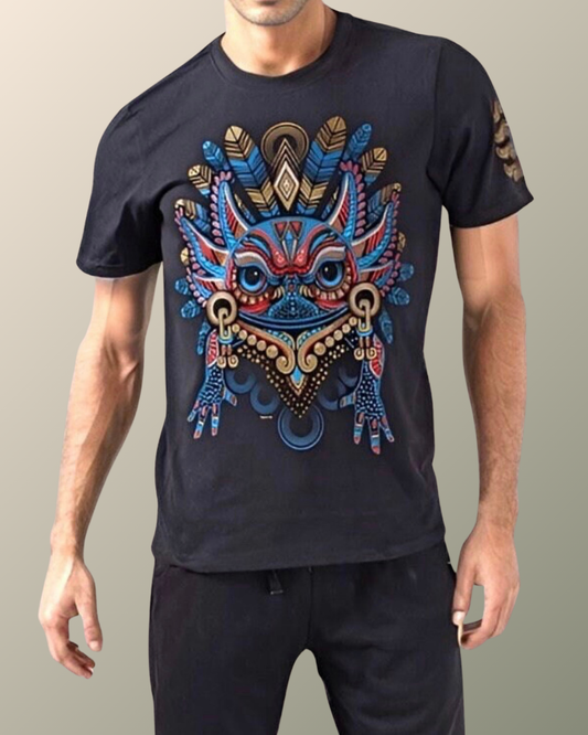 Psychedelic Aztec Warrior  Axolotl Inspired T-shirt | Aztec Prehispanic Art | UV Reactive Screen print | Rave Festival Wear