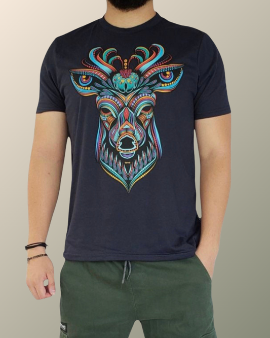 Psychedelic Huichol Peyote Crowned Blue Deer T-shirt | Eagle Deer Peyote | UV Reactive Screen print | Rave Festival Wear