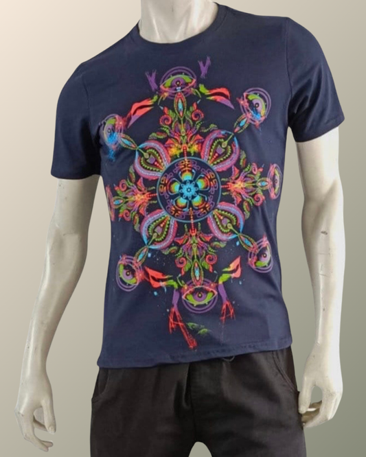 Psychedelic Peyote Alien Eye Mandala T-shirt | Sacred Geometry | Mandala | UV Reactive Screen print | Rave Festival Wear