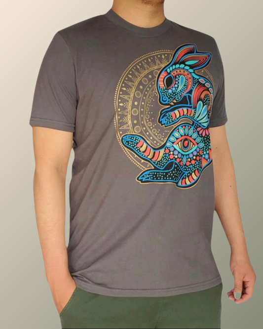 Psychedelic Metzli Rabbit in the Moon Inspired T-shirt | UV Reactive Screen print | Rave Festival Wear