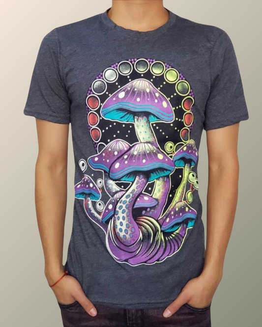 Psychedelic Magic Msushroom and Moon Phase T-shirt | Mandala | UV Reactive Screen print | Rave Festival Wear