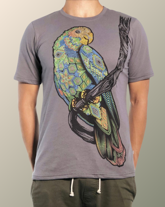 Psychedelic Huichol Chaquira Beaded Parrot Inspired T-shirt | UV Reactive Screen print | Rave Festival Wear