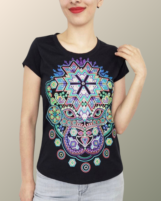 Psychedelic Huichol Jaguar Chaquira Bead Pattern Inspired  Womens T-shirt | UV Reactive Screen print | Rave Festival Wear