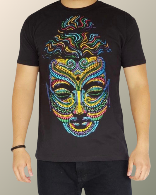 Psychedelic Buddha Molecule Dot Pattern  and Third Eye Inspired T-shirt | UV Reactive Screen print | Rave Festival Wear