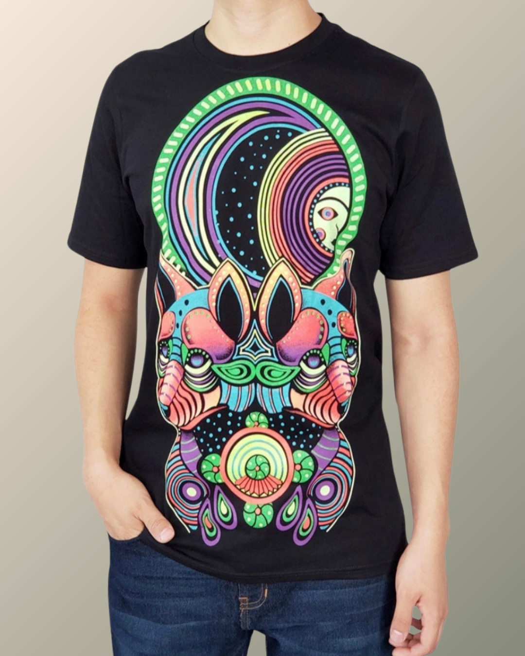 Psychedelic Neon Double Headed Coyote Vision Portal Peyote Moon Inspired T-shirt | UV Reactive Screen print | Rave Festival Wear