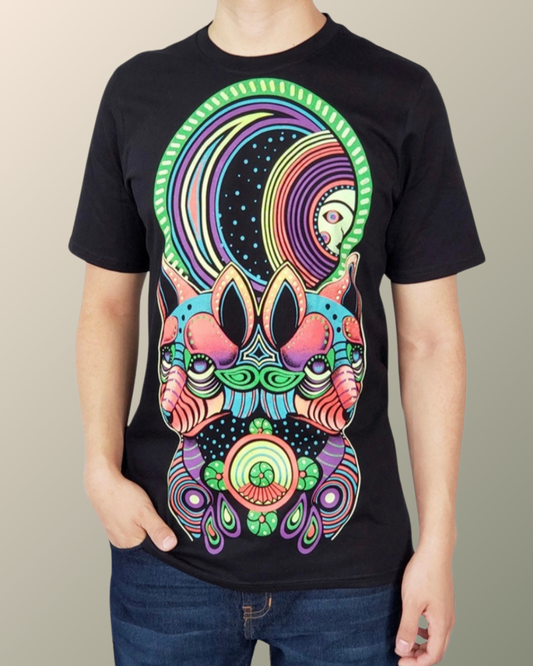 Psychedelic Neon Double Headed Coyote Vision Portal Peyote Moon Inspired T-shirt | UV Reactive Screen print | Rave Festival Wear