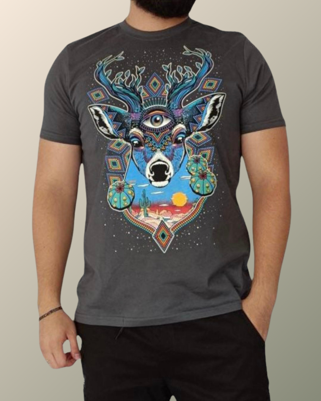 Psychedelic Huichol Blue Deer and Peyote Inspired T-shirt | UV Reactive Screen print | Rave Festival Wear