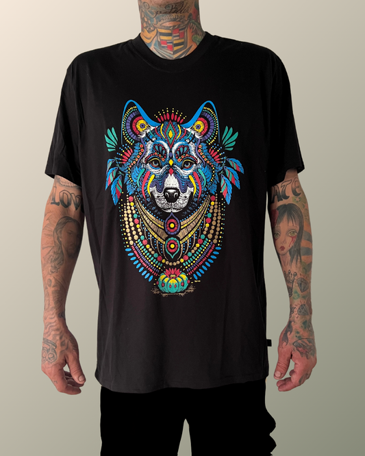 Psychedelic Coyote Peyote Huichol Chaquira Beads Eye of God Inspired T-shirt | UV Reactive Screen print | Rave Festival Wear