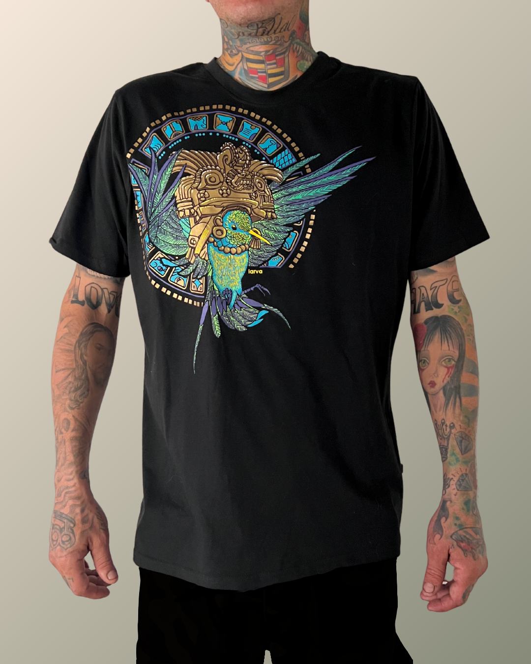 Psychedelic Hummingbird Gold Headdress Tzoltzkin Mayan Calendar Inspired T-shirt | UV Reactive Screen print | Rave Festival Wear