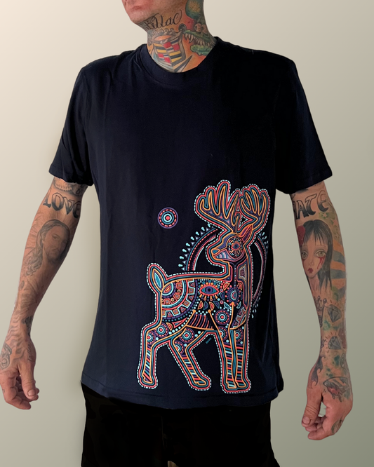 Psychedelic Huichol Blue Deer Inspired T-shirt | UV Reactive Screen print | Rave Festival Wear