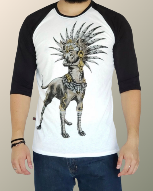 Psychedelic Xolo Xoloitzcuintli Prehispanic Inspired 3/4 Sleeve T-shirt | Graphic Screen print | Rave Festival Wear